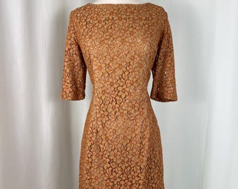1950s Autumn Orange Lace Dress | Shift / Wiggle Day Dress | Midcentury Cocktail Dress