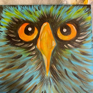 Owl face, Owl Painting, Acrylic Painted Owl, Children Wall Art, Kid Room Decor, Wall art, Owl art