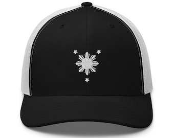 Filipino Sun Trucker BLACK/WHITE EMBROIDERED - Funny Filipino Gift - Pinoy - Pinay - Philippines - Filipino American - Filipino Pride Symbol