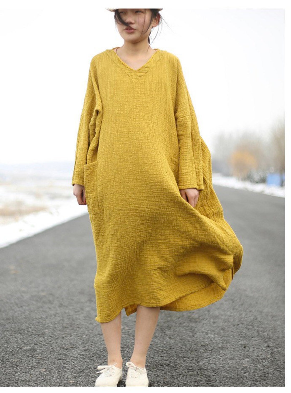 Gauze V Neck Long Sleeves Dress oversized M Etsy