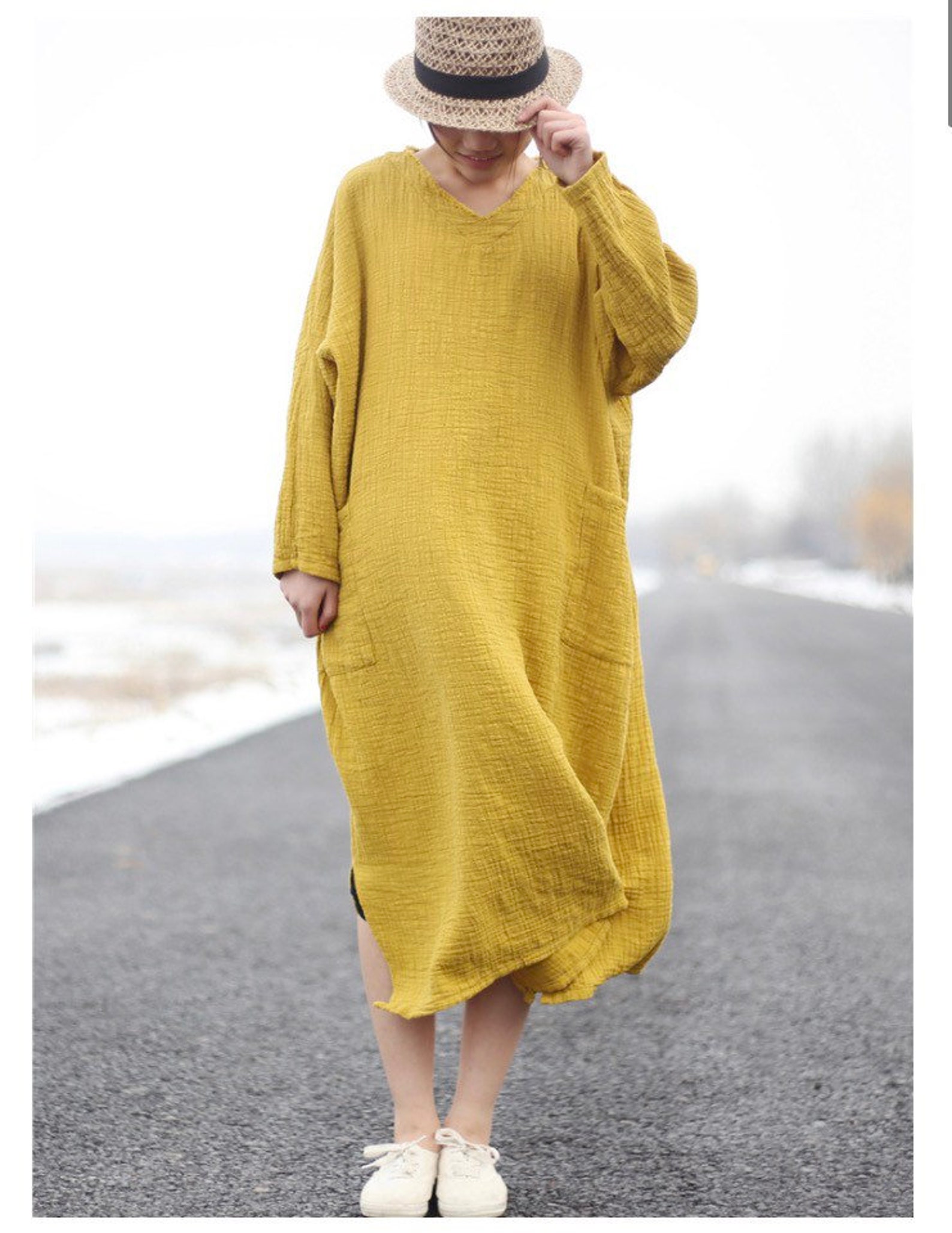 Gauze V Neck Long Sleeves Dress oversized M Etsy