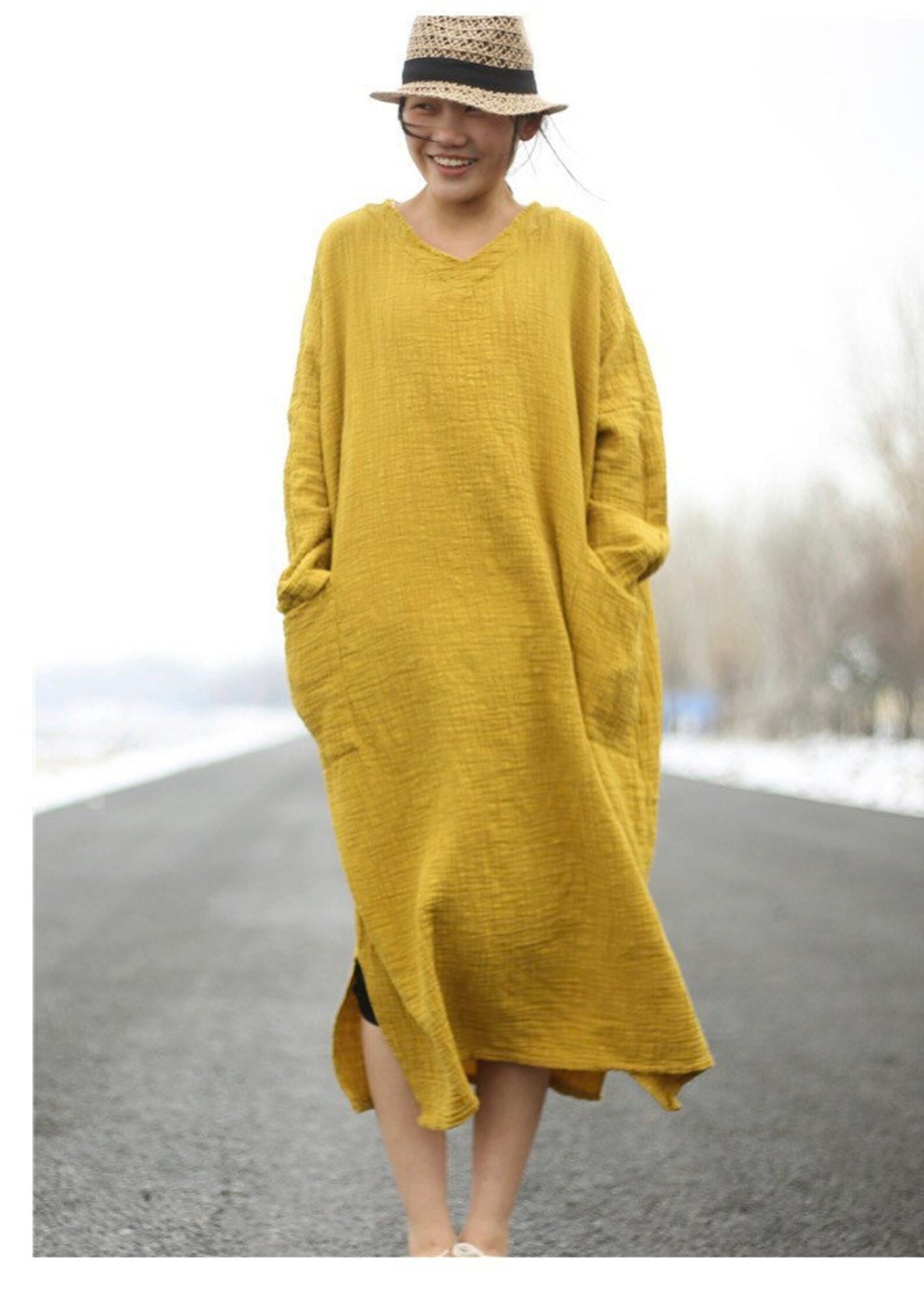 Gauze V Neck Long Sleeves Dress oversized M Etsy