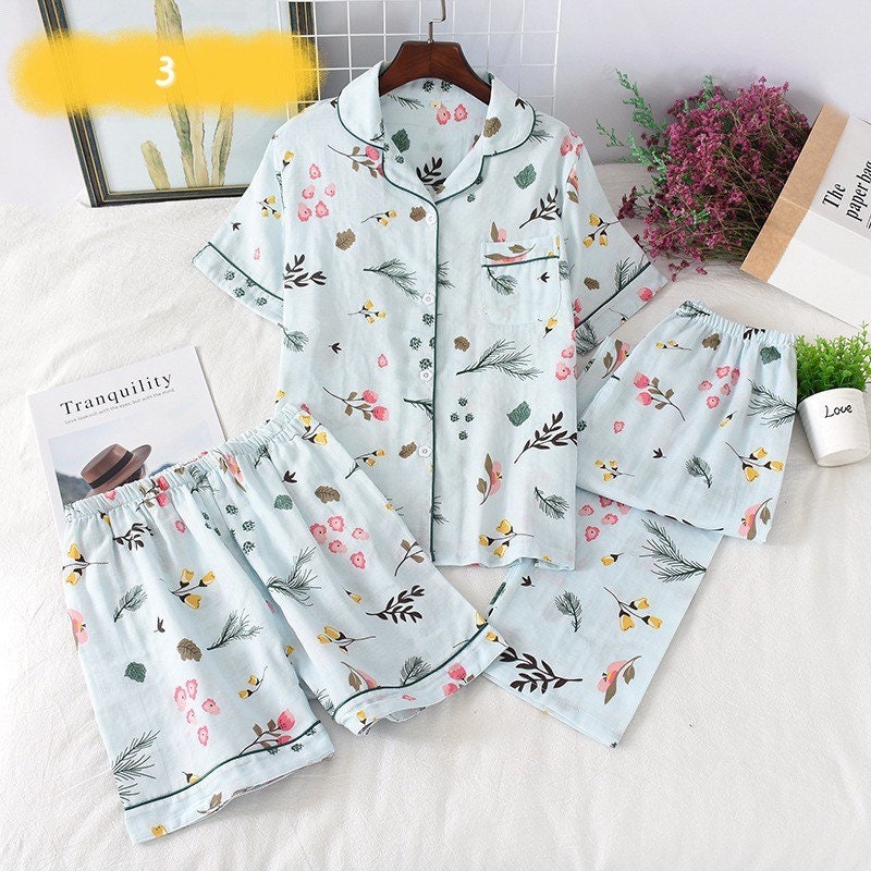 3Pcs Summer Muslin cotton Womens Pajamas Cotton Homewear Set | Etsy