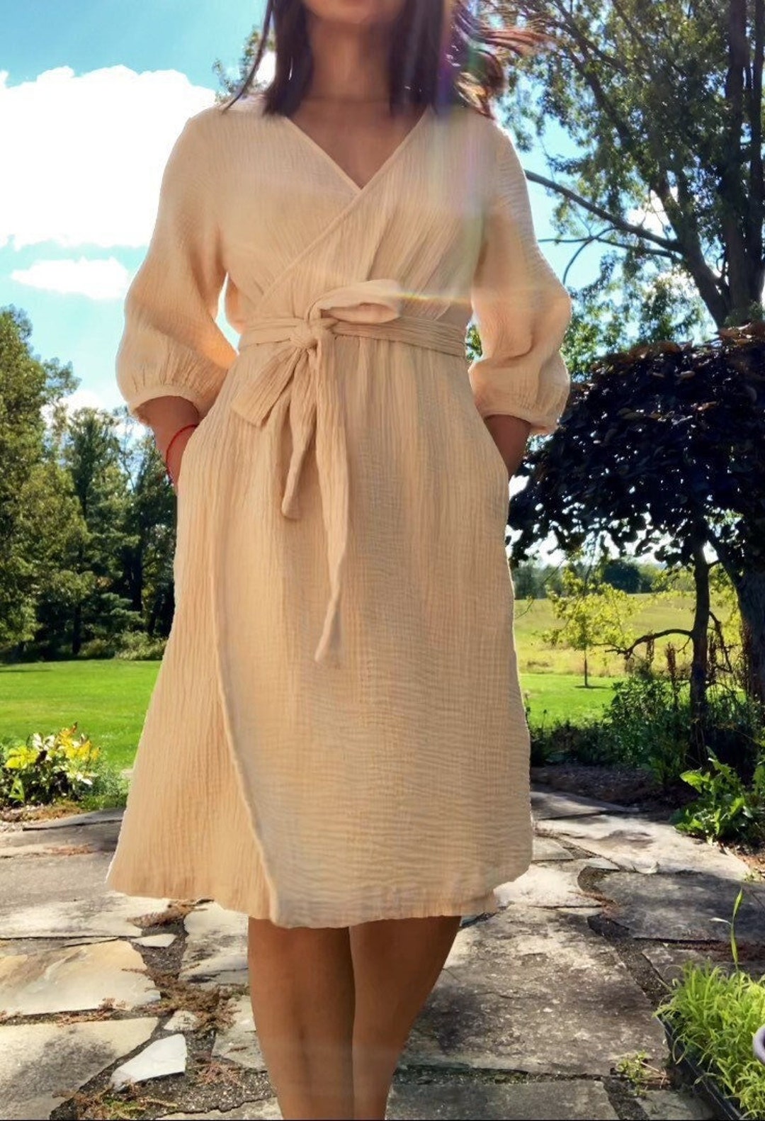 Double Gauze Wrap V Neck Dress Etsy