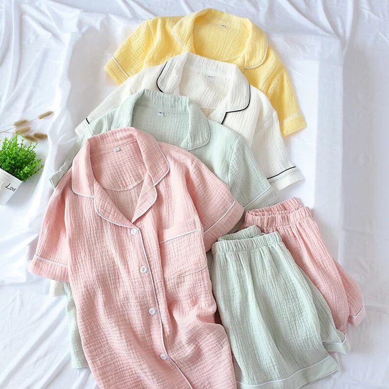 Summer Gauze Pajamas for Women Girls Soild Sleepwear Set Etsy