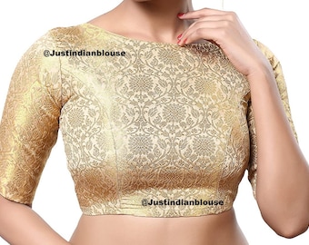 Beautiful Golden Readymade Sari Blouse Saree Blouse Choli Fabric Craft Tunic Top Floral Embroidered Banglori Silk For Women MadeInIndia
