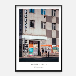 Plakat Manchester | Northern Quarter | Hilton Street | Sztuka ścienna Manchester | Wydruk miejski | Podróże | Prezent Manchester