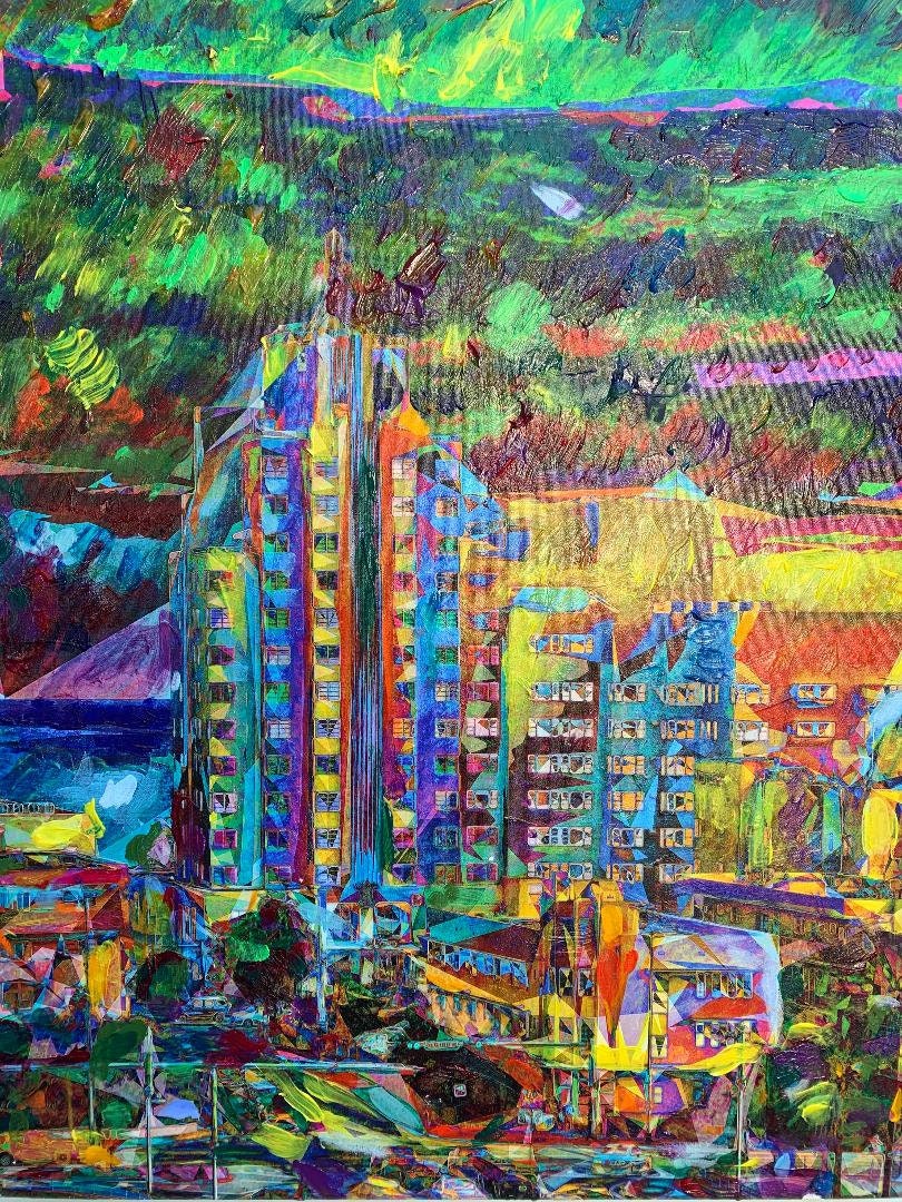 Hey Miami - Abstract Expressionist giclee print of Miami Beach painted over with acrylics and varnish on a stretched canvas, 30x40