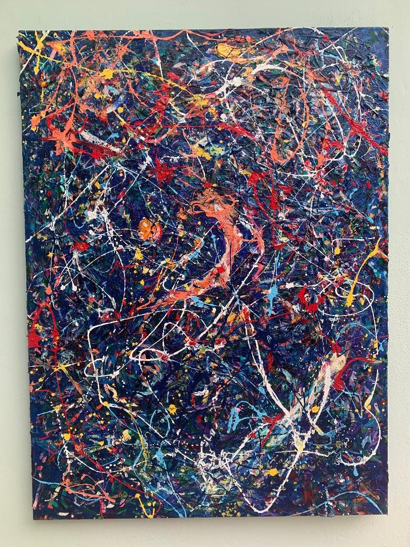 Cosmos - Original Abstract Expressionist oil and enamel painting by Murray A Eisner, modern, 40x54, drip technique. Wall Decor.
