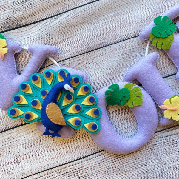 Felt Name Banner-peacock/name garland/name sign/nursery decor/birthday gift/kids room decor/ peacock decor/wall art/birthday gift