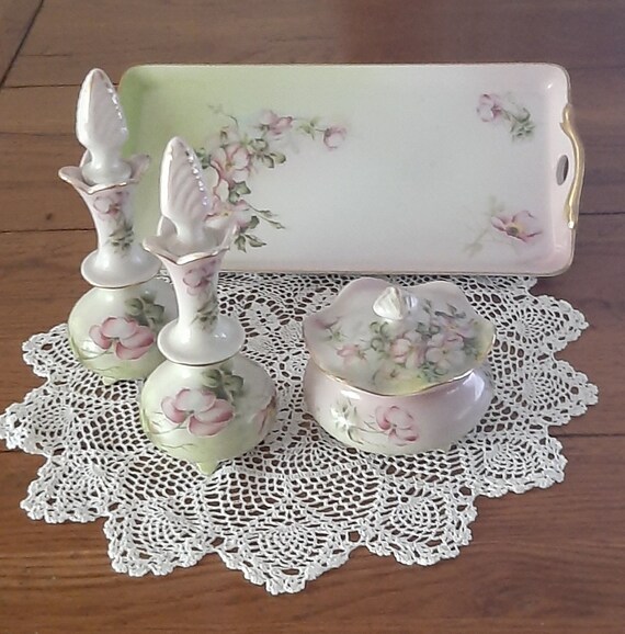 Nippon Hand Painted Vintage Dresser Vanity Set Gem