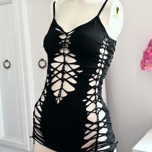 Custom black slit weave shortie romper