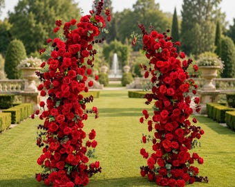 Flower Wall Backdrop [Crimson Romance Red Rose Pillar Pair] for Ceremony & Photo Booth