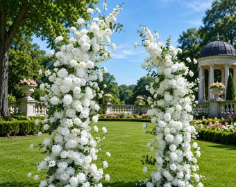 Flower Wall Backdrop [Snow Grace White Floral Pillar Pair] for Ceremony & Photo Booth