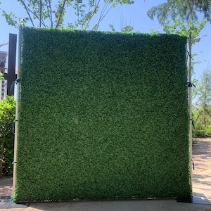May include: A green artificial hedge wall backdrop for events, parties, or photo shoots. The wall is made of plastic and has a realistic look.