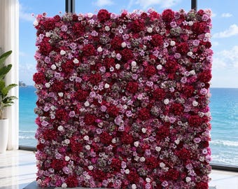 Flower Wall Backdrop [Berry Plum Hydrangea Rose Roll-Up Fabric Panel] for Ceremony & Photo Booth