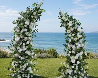 Flower Wall Backdrop [Evergreen Ivory Floral Pillar Pair] for Ceremony & Photo Booth
