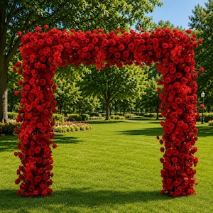 May include: A large, rectangular archway completely covered in vibrant red roses. The structure stands upright on a green lawn, forming a dense, continuous floral frame with a flat top and two vertical sides, creating a solid wall of red blossoms.