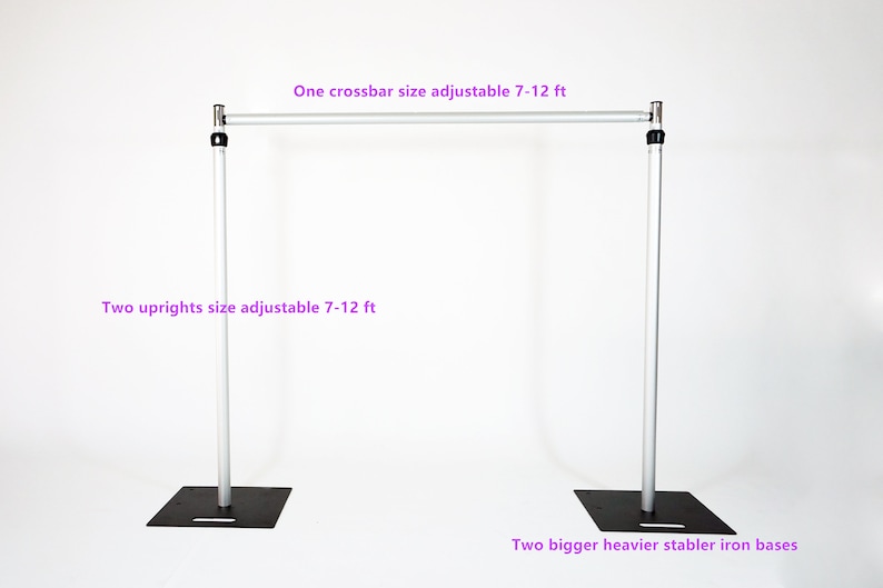 May include: A silver adjustable backdrop stand with two uprights, one crossbar, and two heavy iron bases. The stand is adjustable from 7 to 12 feet in height.