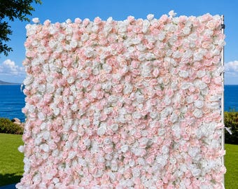 Flower Wall Backdrop [Whisper Blush White Rose Roll-Up Fabric Panel] for Ceremony & Photo Booth