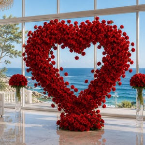 May include: A large, heart-shaped floral arrangement constructed from numerous vibrant red roses. The structure stands upright, supported by a dense base of red roses, and is flanked by two smaller, matching rose bouquets in tall glass vases.