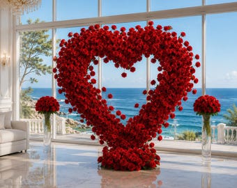 May include: A large, heart-shaped floral arrangement constructed from numerous vibrant red roses. The structure stands upright, supported by a dense base of red roses, and is flanked by two smaller, matching rose bouquets in tall glass vases.