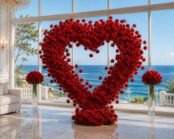 Red Heart Shaped Roll Up Wedding Flower Arch Fabric based Arrangement 6.5x6.5 ft, Ceremony Photo Booth Backdrop | 50% Return Refund Option