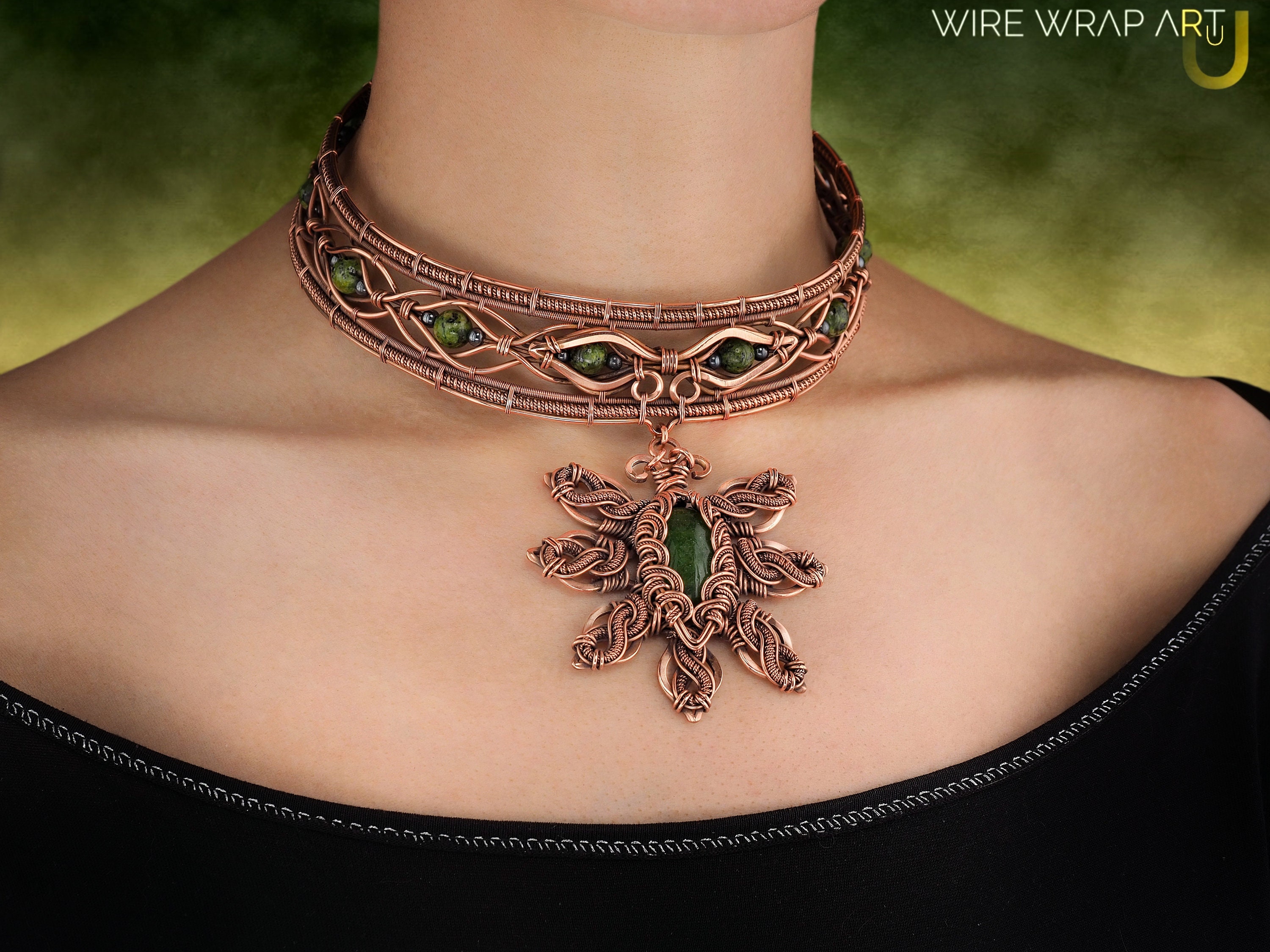 Wire wrapped collar choker with pendant / Jade necklace / Wire Etsy