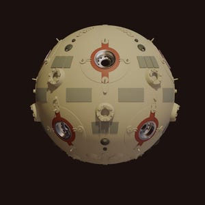 May include: A spherical, beige-colored object with a complex design. It features multiple circular openings, rectangular panels, and red accents. The object has a mechanical or industrial aesthetic, suggesting a futuristic or technological theme.