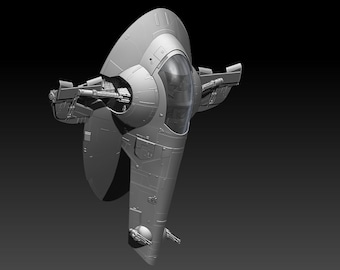 May include: A detailed 3D model of a gray spaceship with a cockpit window and a large wing on the left side.