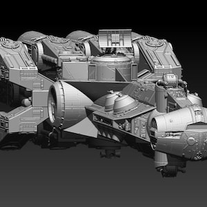 Può includere: Un modello 3D dettagliato di un'astronave con una superficie grigia testurizzata. L'astronave ha più motori e un corpo centrale grande.