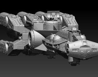 May include: A detailed 3D model of a spaceship with a gray, textured surface. The spaceship has multiple engines and a large, central body.