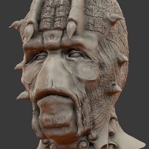 May include: A detailed 3D model of a creature's head with a textured, scaly skin and sharp, pointed protrusions. The creature has a large, flat nose and a wide mouth with a slightly open jaw.