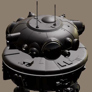 Könnte beinhalten: Ein schwarzes, futuristisches, kugelförmiges Objekt mit mehreren hervorstehenden Komponenten, darunter Antennen, Kuppeln und zylindrische Elemente. Das Objekt hat ein metallisches Aussehen mit sichtbaren Paneellinien und Nieten, was auf ein komplexes mechanisches Design hindeutet.