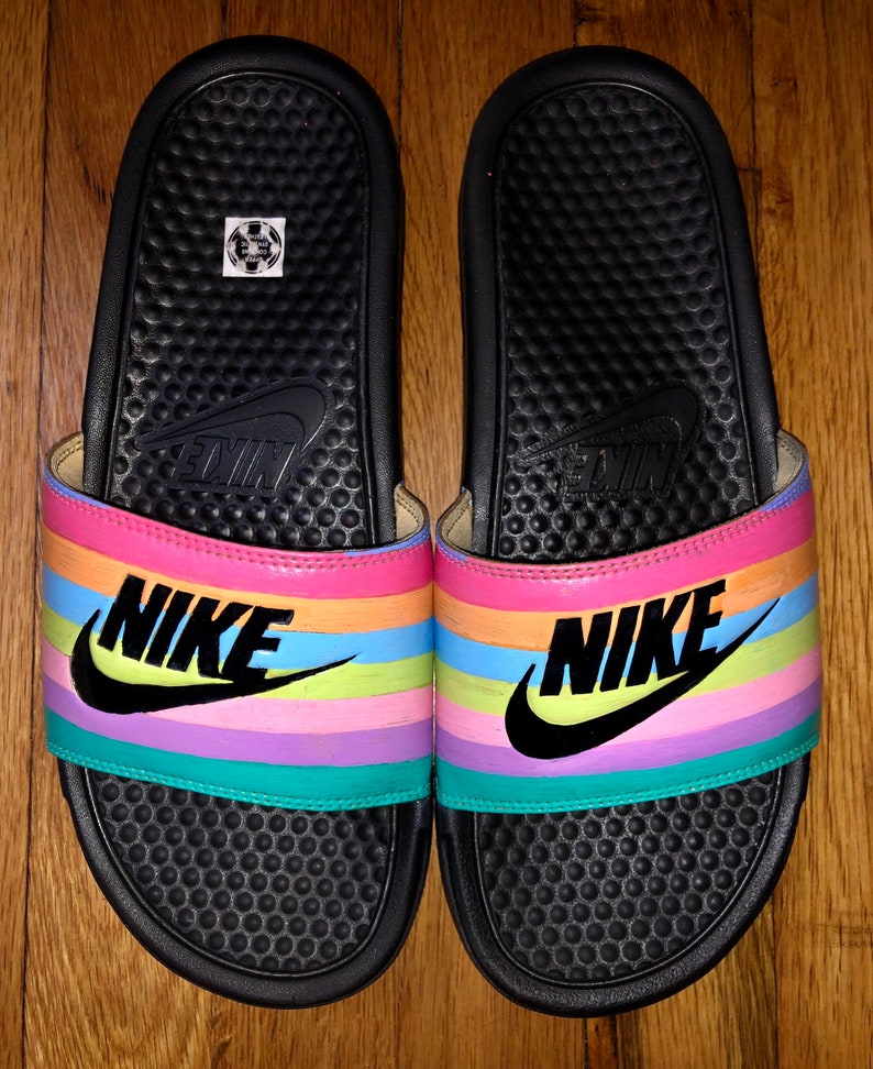 Custom Freehand Painted Pastel Rainbow Nike Benassi JDI Slides | Etsy