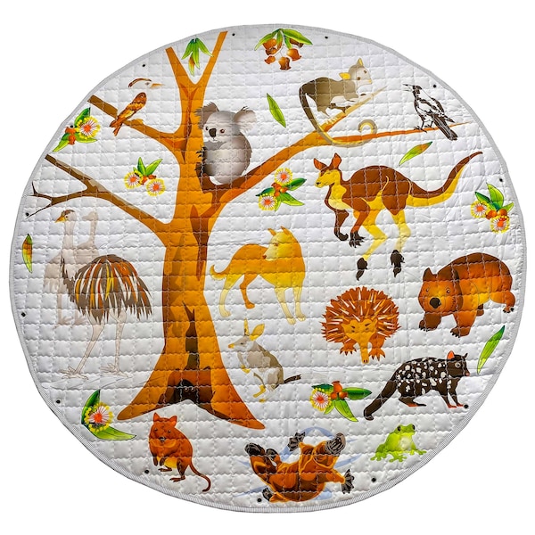 Australian Native Animals and Gum Tree Round Play Mat, Picnic Rug, Tummy Time - Baby, Toddler, Baby Shower Gift  - Educational - Toy Bag