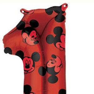 May include: Red foil balloon shaped like the number one with a Mickey Mouse pattern. The balloon is filled with Mickey Mouse faces and black polka dots.