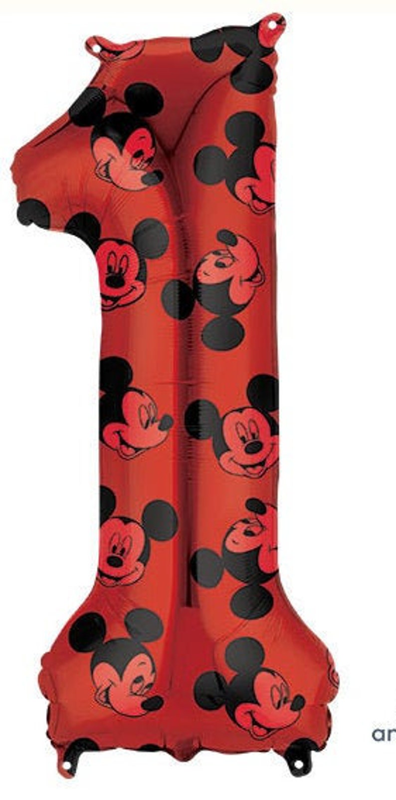May include: Red foil balloon shaped like the number one with a Mickey Mouse pattern. The balloon is filled with Mickey Mouse faces and black polka dots.