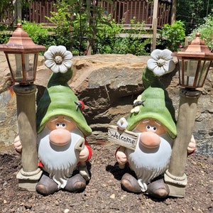 18" Tall Garden Gnomes with Solar Lanterns & Welcome Sign