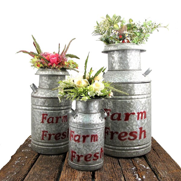 Set of 3 Galvanized Old Style Milk Can Planters