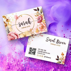 Bloemen gouden visitekaartjes gepersonaliseerd | Handgeschreven lettertypeontwerp | Dubbelzijdig | Logo en sociale media toevoegen | Elegant vrouwelijk visitekaartje