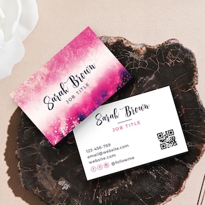 Visitekaartjes met glitterprint Aanpassen | Roze paars thema | Dubbelzijdig | Logo en sociale media toevoegen | Modern vrouwelijk ontwerp