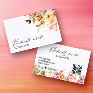 Floral bedruckte Visitenkarten mit QR-Code | Personalisiertes Design | Doppelseitig | Füge Logo & Social Media | Elegante Karte mit Gold Details