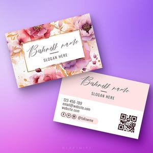 Bedrukte visitekaartjes met bloemen en QR-code | Gouden detailontwerp | Dubbelzijdig | Logo en sociale media toevoegen | Elegant gepersonaliseerd visitekaartje