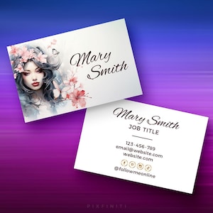 Tarjetas de presentación personalizadas impresas en acuarela / Diseño floral para el cabello / Doble cara / Agregar logotipo y redes sociales / Diseño elegante de tarjeta de presentación