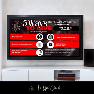 Puede incluir: Un gr&aacute;fico rojo y negro en una pantalla de televisi&oacute;n con el texto "5 Ways to Give" y una lista de formas de donar a una iglesia. El gr&aacute;fico incluye una direcci&oacute;n de sitio web, una direcci&oacute;n de correo electr&oacute;nico y un n&uacute;mero de tel&eacute;fono. El texto "For Your Church" est&aacute; en la parte inferior de la pantalla.