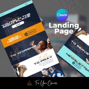 May include: A Canva landing page template for churches with a black background and colorful accents. The text reads "You're in the right place", "New here?", "The place to worship", "The place to pray", "The place to serve", "Check out our newsletter", "Give", "Download", and "For your church".