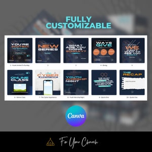 May include: A collage of 10 social media post templates for churches. The templates are customizable and feature a variety of designs, including a new series announcement, a youth worship night, and a quote of the week. The templates are designed to be used on platforms like Instagram and Facebook.