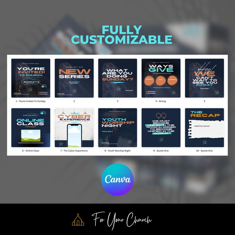 May include: A collage of 10 social media post templates for churches. The templates are customizable and feature a variety of designs, including a new series announcement, a youth worship night, and a quote of the week. The templates are designed to be used on platforms like Instagram and Facebook.