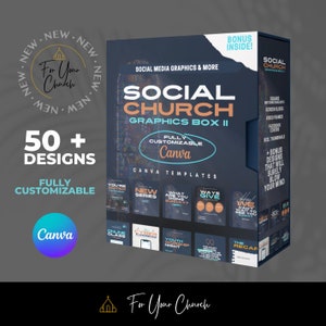 May include: A box with a blue, black, and white design featuring the text "Social Church Graphics Box II" and "Fully Customizable Canva". The box contains 50+ social media graphics for churches, including square screen slides, video frames, Facebook covers, reel thumbnails, and more. The box is labeled "Bonus Inside!" and features a church steeple icon.